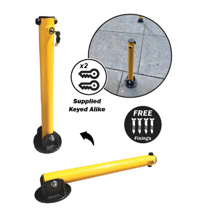 60mm Fold Down Parking Bollard – 610mm High Key Lock Yellow Bollard