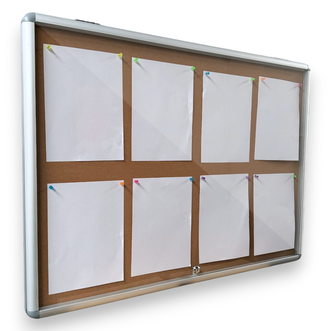 Notice Board Lockable Indoor Wall Mounted Cork Board 8xA4 Papers