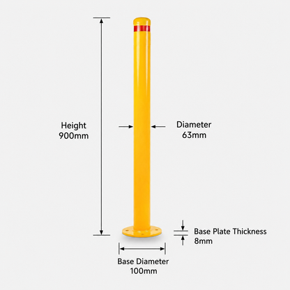 63mm Surface Mount Safety Bollard – 900mm Yellow with Red Reflective Band