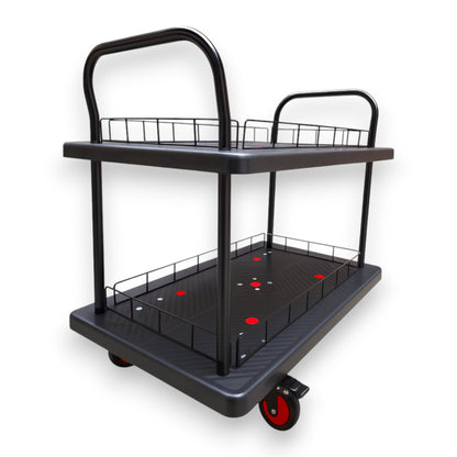 Double Layer Utility Trolley with Guard Rails & Brakes – 600kg Load 1100×650mm